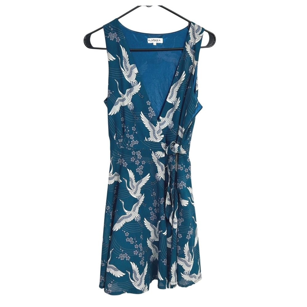 Crane Bird Print Faux Wrap Mini Dress Small Teal Blue Asian Inspired Art